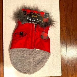 Red hooded dog jacket, new without tag.